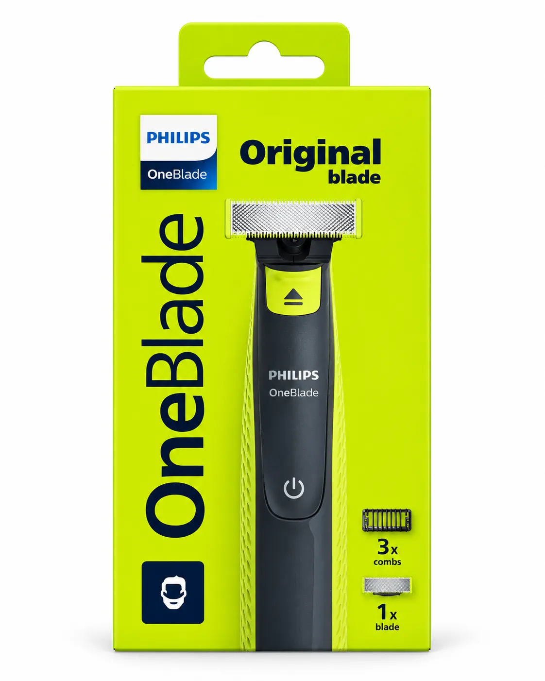 بسته‌بندی سبز روشن ماشین اصلاح موی صورت فیلیپس OneBlade مدل QP2724/14 با دستگاه، یک تیغه و سه شانه